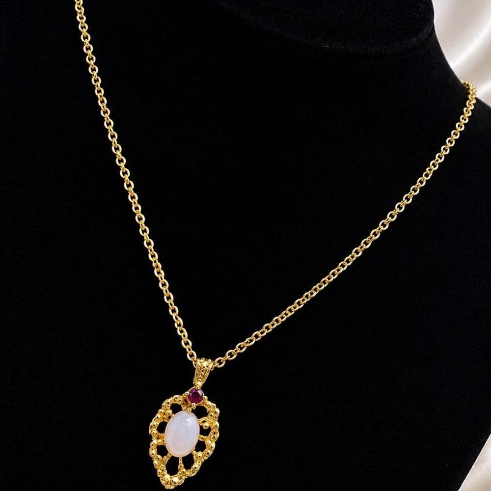 Vintage Van Doran Genuine Opal & Ruby Gold Tone Filigree Pendant Necklace 1990s